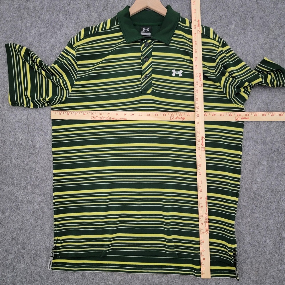 Under Armour Polo Shirt Mens Large Green Yellow Striped Performance Golf Logo - Picture 8 of 11